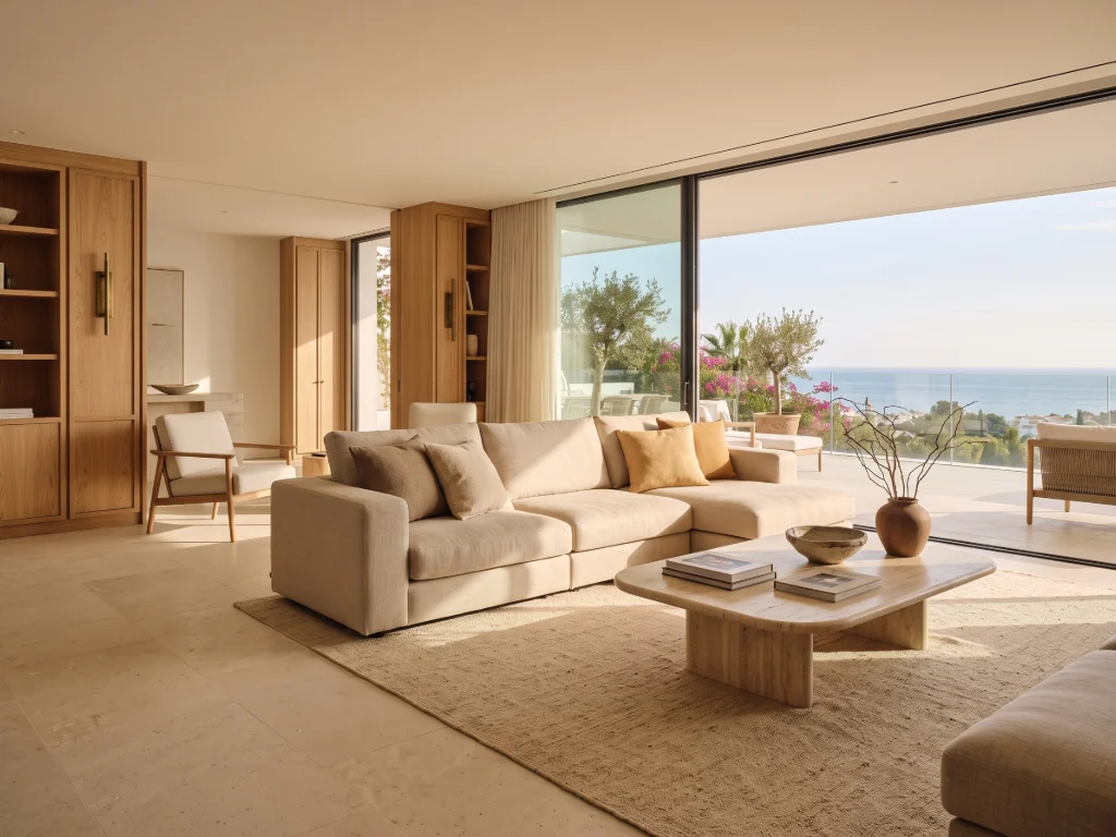 Salón de villa en Marbella con suelo de piedra natural, mobiliario de lino y madera de roble, diseñado con materiales premium